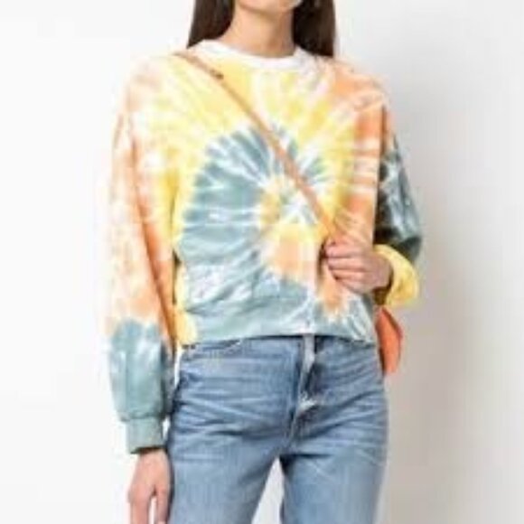 AGOLDE Balloon Sleeve Tie-Dye Sweatshirt Cropped Yellow Blue Size Small - Picture 1 of 8